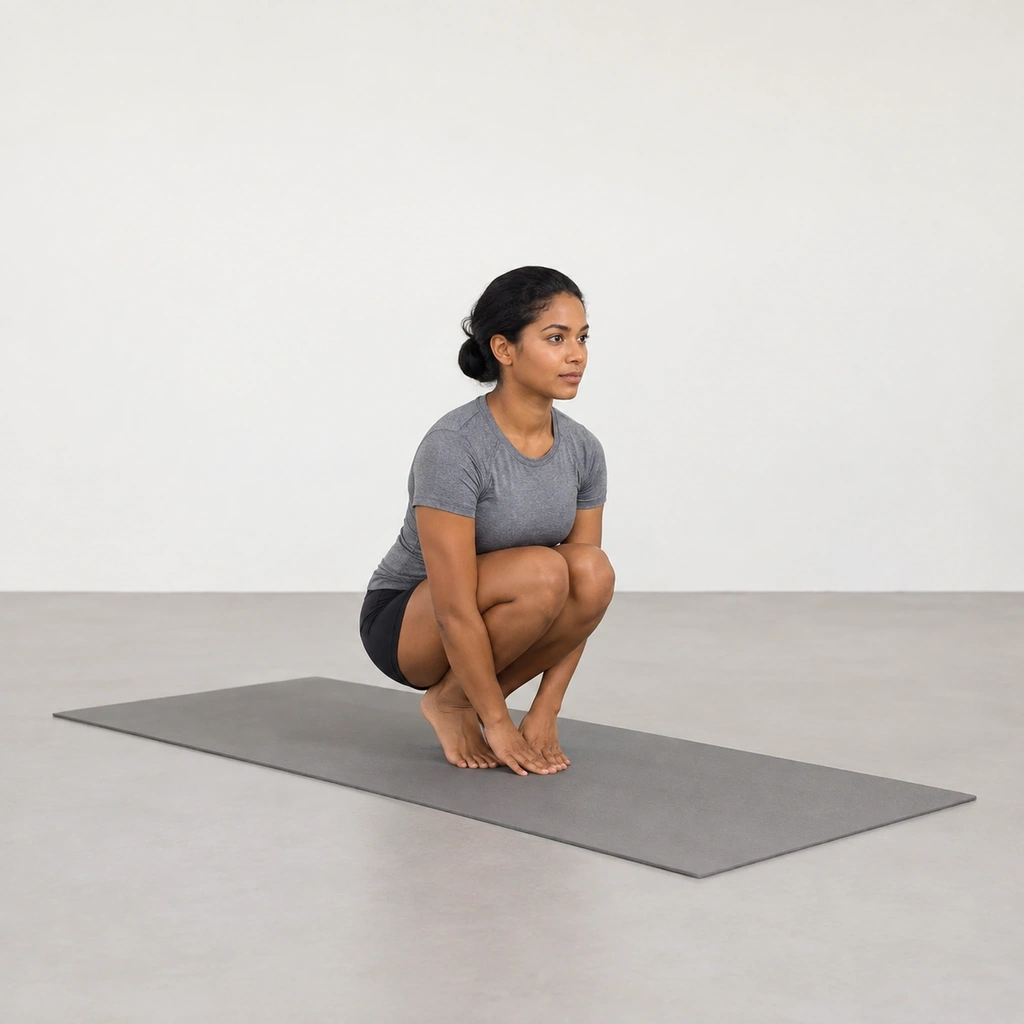 She drops into a tucked-toe squat with the hips pressing toward the heels and her hands walked in.