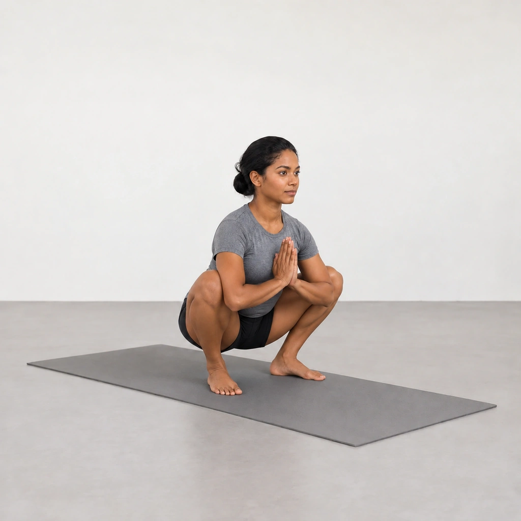 She holds the bottom squat with her palms together at the heart and her elbows pressing the knees apart, chest open and hips sunk.