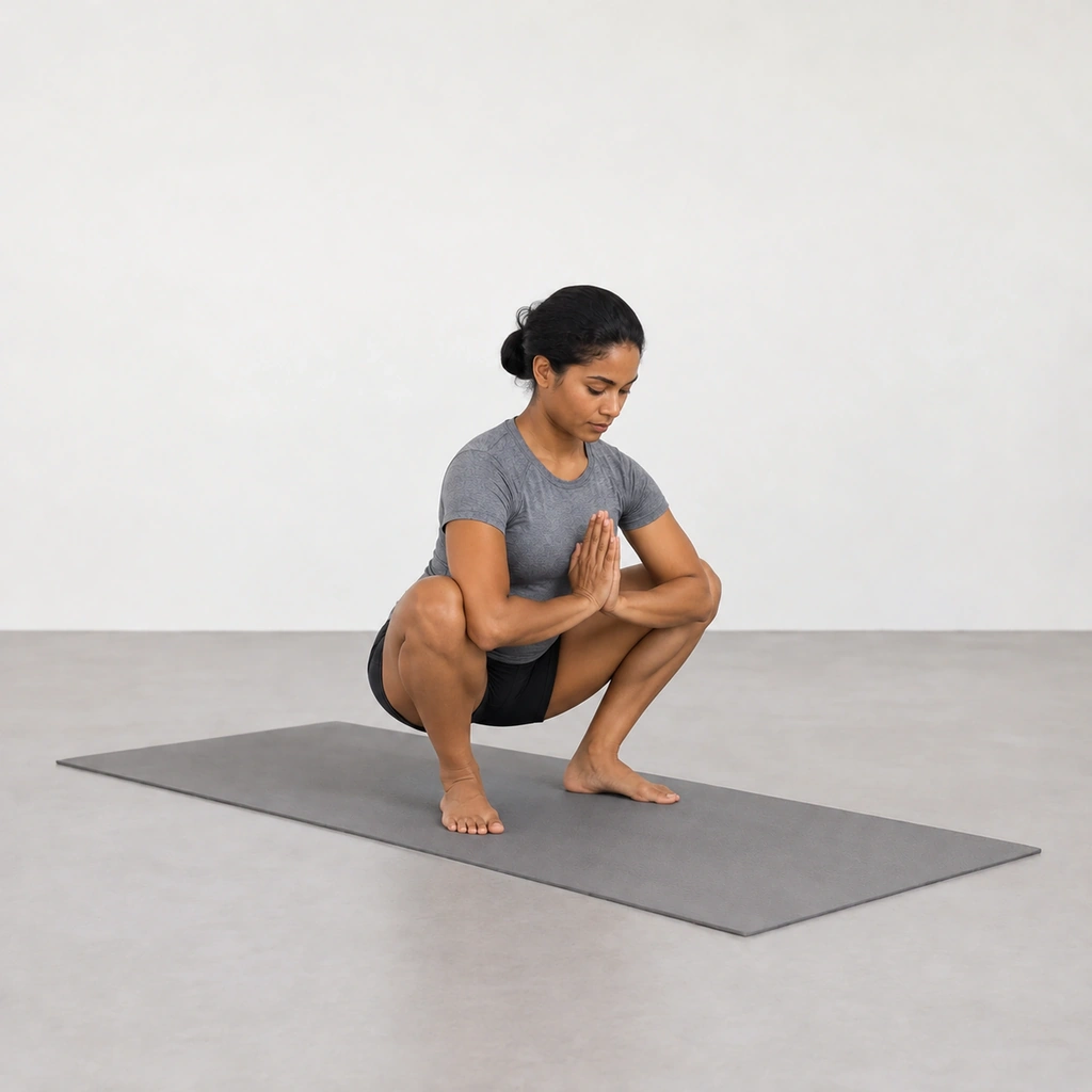 She holds the deep squat steady, elbows pressing the knees apart, palms at the heart and her gaze fixed on the floor.