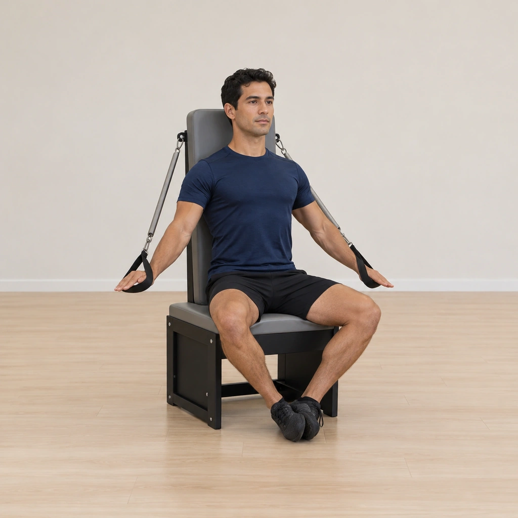 A man sits tall in the arm chair, back flush on the backrest, soles of his feet together, hands holding the spring handles at his sides.