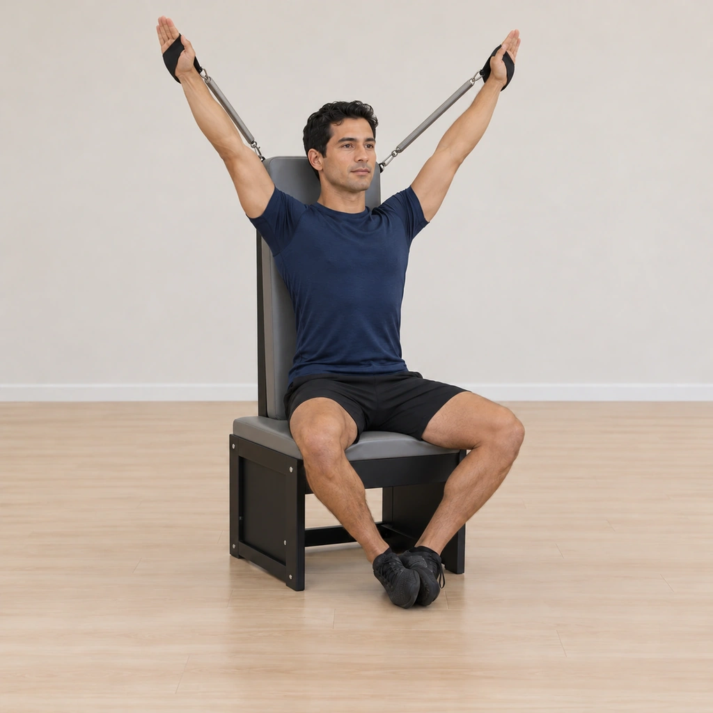 He reaches both arms up along his sides into the handles, the springs drawing open, waist long and legs rooted.