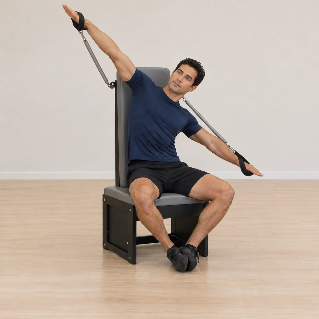 He lifts his torso up and arcs over to his right, both arms still long in the handles, the springs staying loaded.