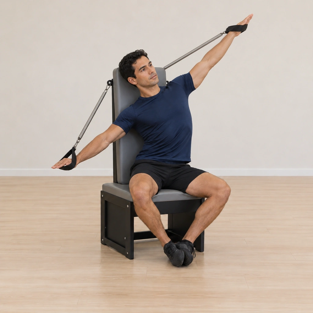 He returns his torso upright to centre and begins the arc toward the other side, both arms long, springs loaded.