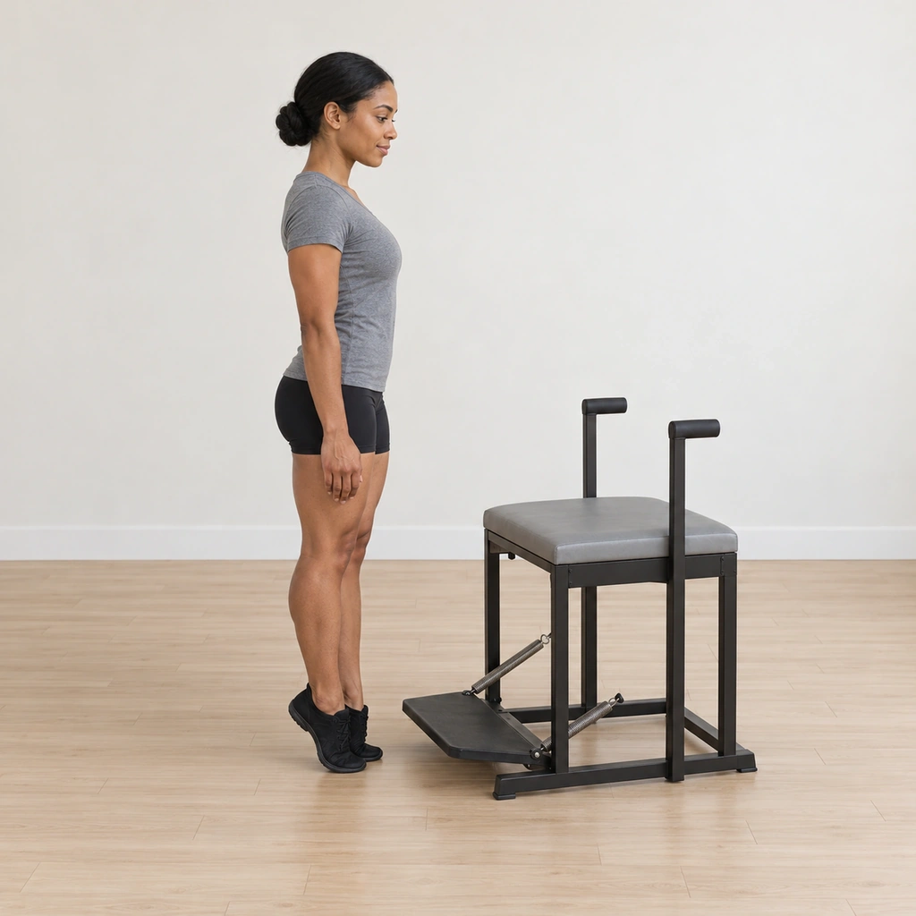 She stands close beside the wunda chair pedal, her feet slightly turned out with heels together, her standing heel already lifted so she balances on the ball of that foot, her posture tall.