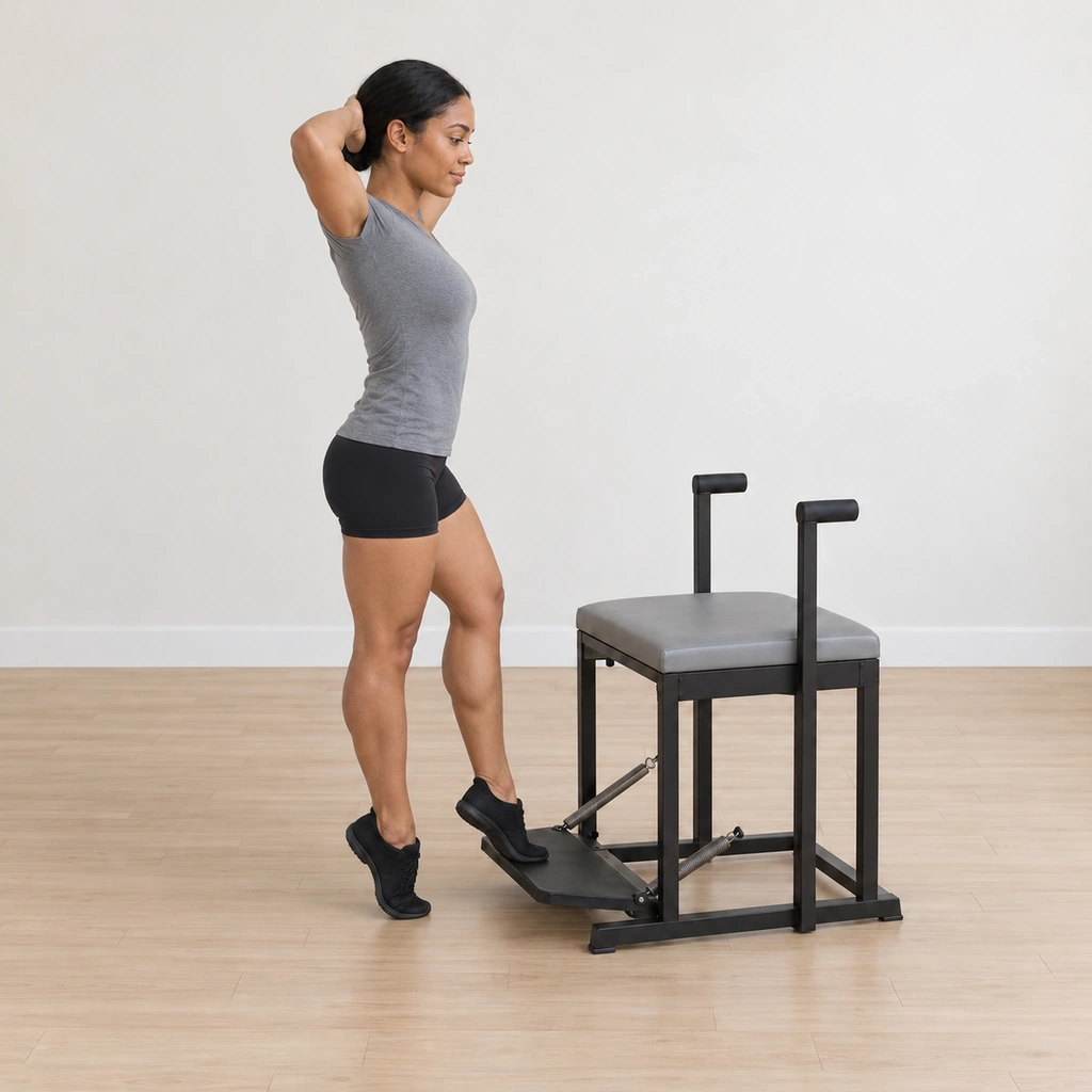 The arch of her inside foot is set on the spring pedal, her standing heel still lifted, her hands held behind her head with the elbows wide and her spine tall.