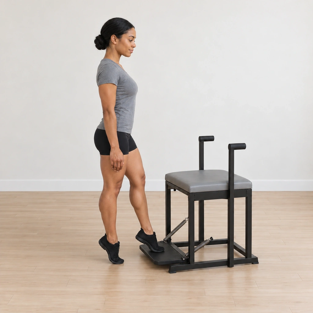 The spring pedal is pressed down under the arch of her inside foot, the leg held in turnout, her body balanced over the ball of the standing foot with its heel high, her spine tall.
