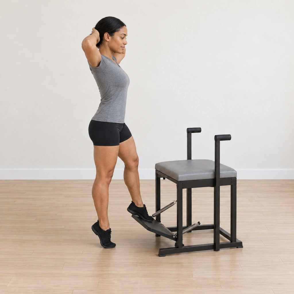 The pedal is being picked back up under the arch of her inside foot, controlled through the turned-out leg, her balance still poised on the ball of the standing foot with the heel lifted, her hands steady behind her head.
