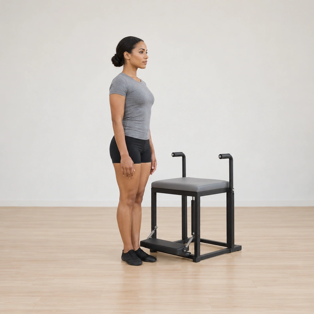 She stands side-on beside the wunda chair at the center of its pedal, her feet slightly turned out with heels together and a small gap to the chair, her posture tall and her arms resting long.