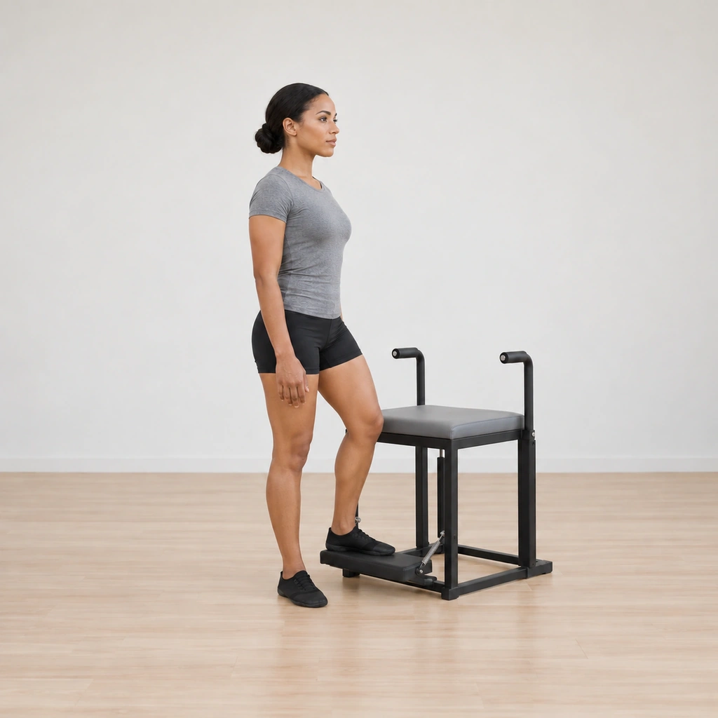 Her inside foot is placed on the center of the spring pedal turned out, her standing leg steady under her, her posture still tall beside the chair.