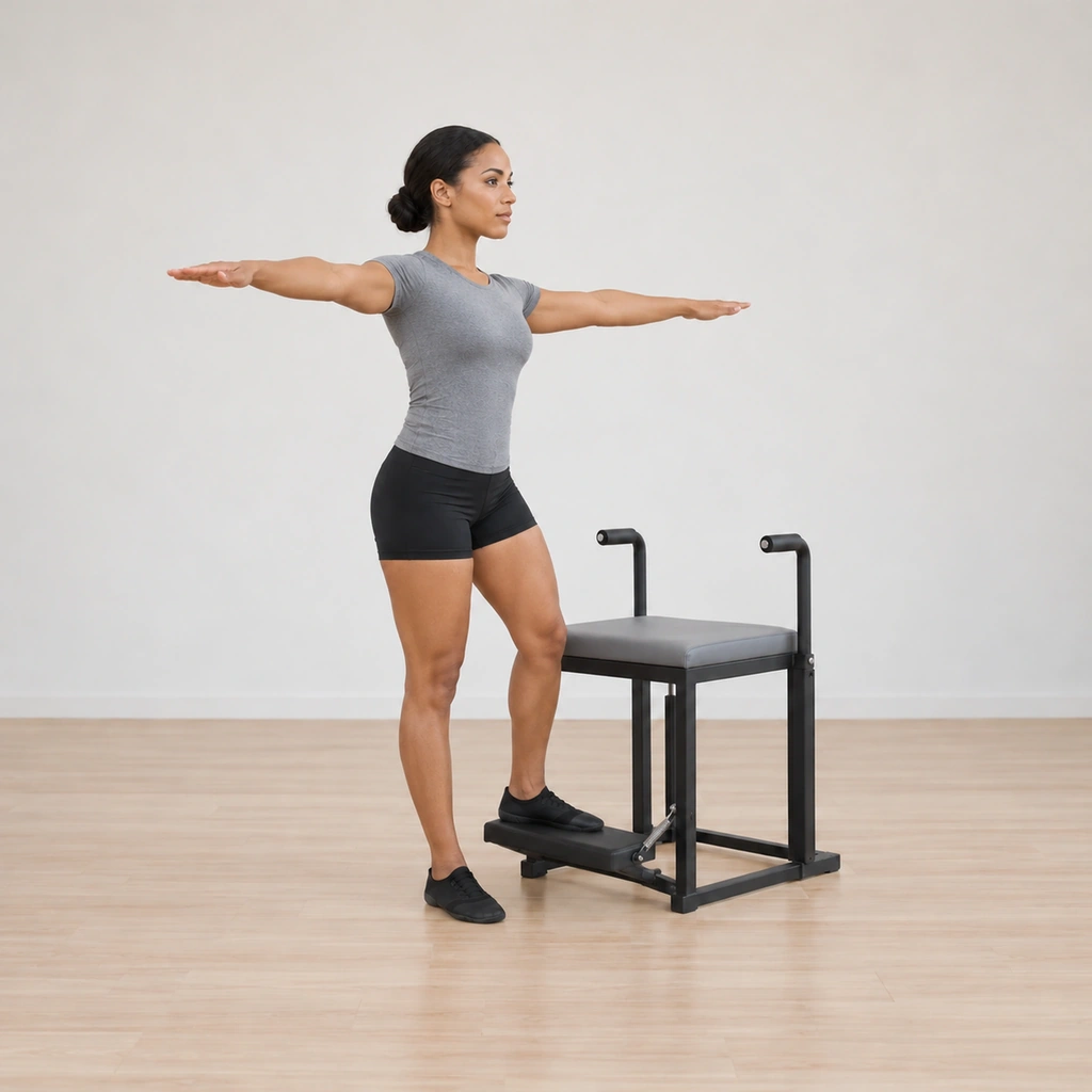 Her pelvis is leveled - the inside hip lowered and the outside hip lifted - over the turned-out foot on the pedal, her torso tall and her arms still long at her sides.
