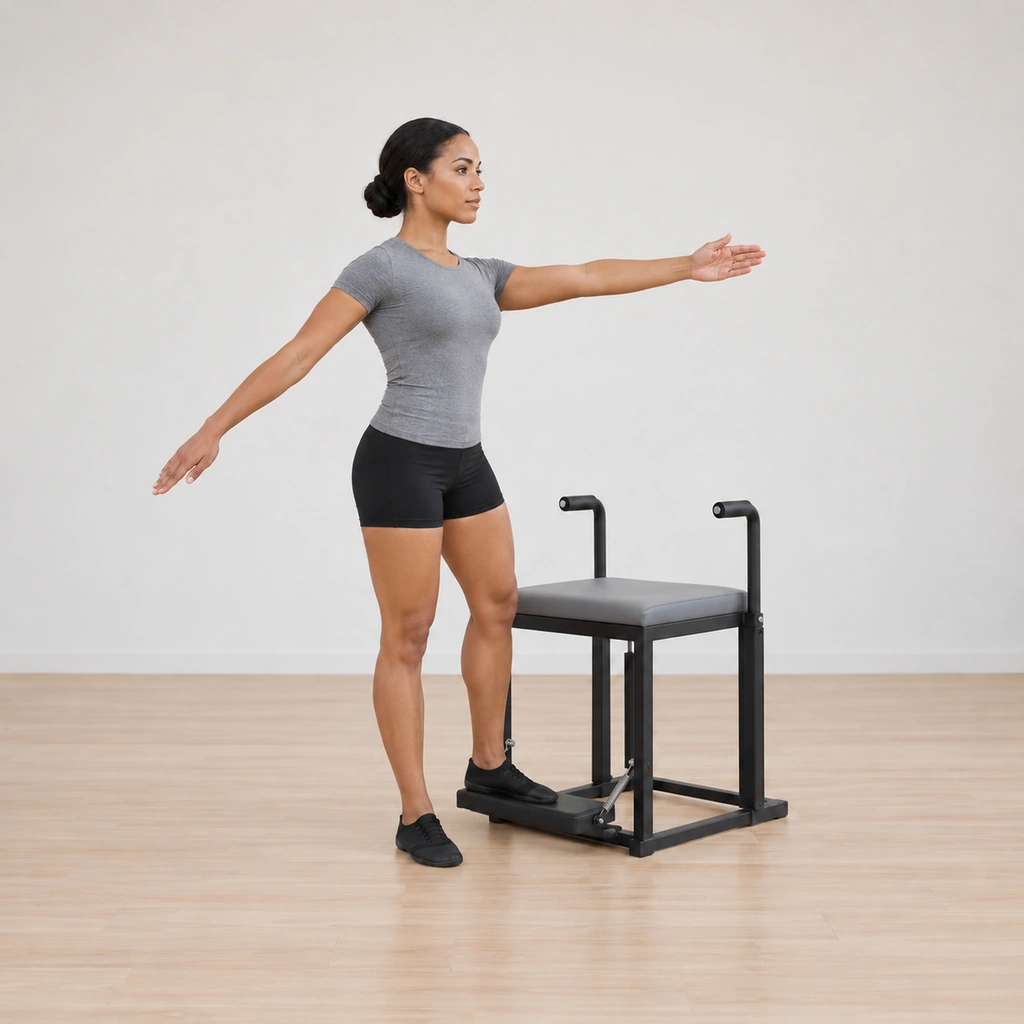The spring pedal is pressed down under her turned-out inside foot, her pelvis held level against the pedal's pull, her torso tall beside the chair and her standing leg steady.