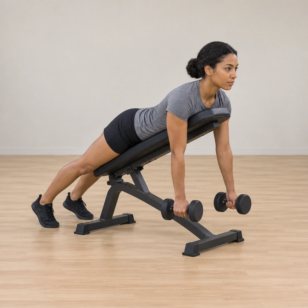 She lies chest-down on the raised bench pad: her chest and front resting on the incline, her arms hanging straight down holding the dumbbells perpendicular to the floor.