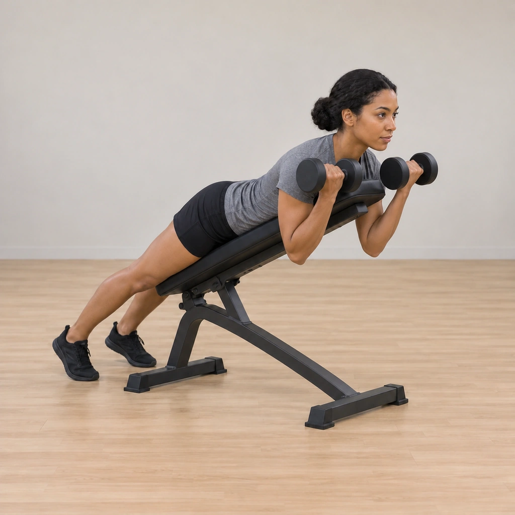 She is mid-curl: elbows flexing, the dumbbells rising toward her shoulders with palms facing forward, her chest still on the pad and her upper arms still hanging in line.