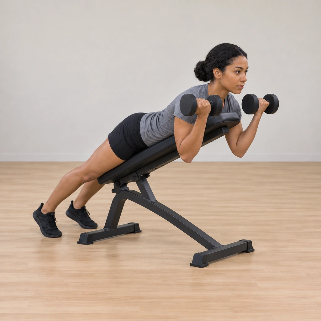 She holds the top: the dumbbells curled to her shoulders, biceps contracted, her chest still flat on the pad and her upper arms still vertical.