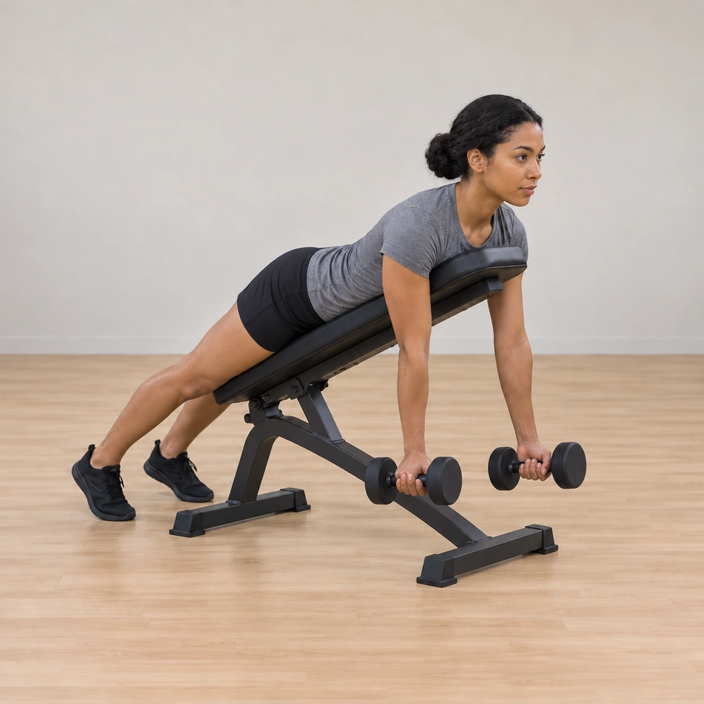 She lowers under control: elbows extending, the dumbbells descending back toward the perpendicular hang, her chest still on the pad.