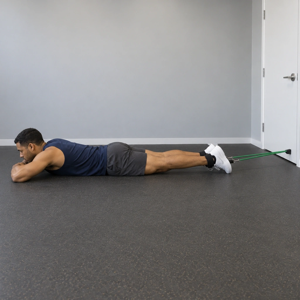 A man lying face down on the floor, legs straight, both ankles strapped to a resistance tube anchored at the bottom of a door behind his feet.