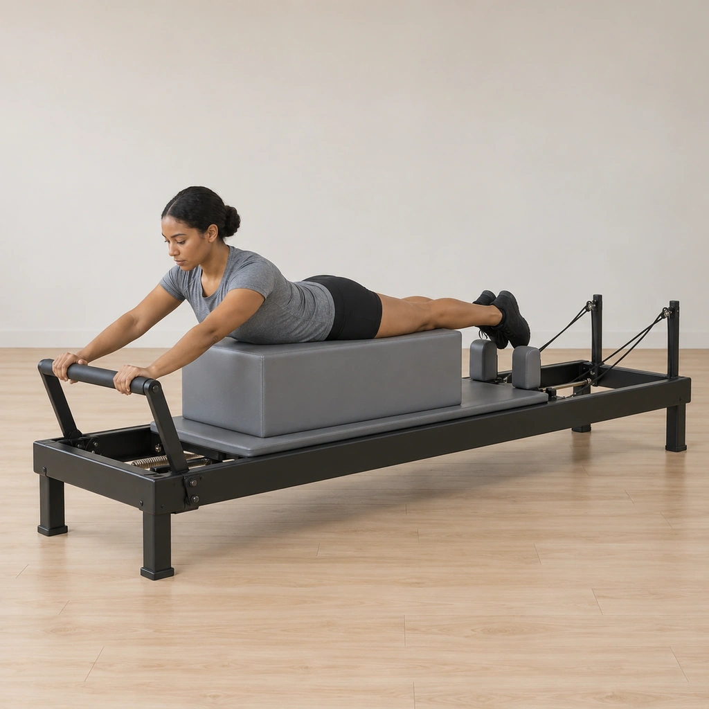 A woman lies prone on the long box along the reformer carriage, legs extended toward the pulleys, both hands resting on the foot bar.