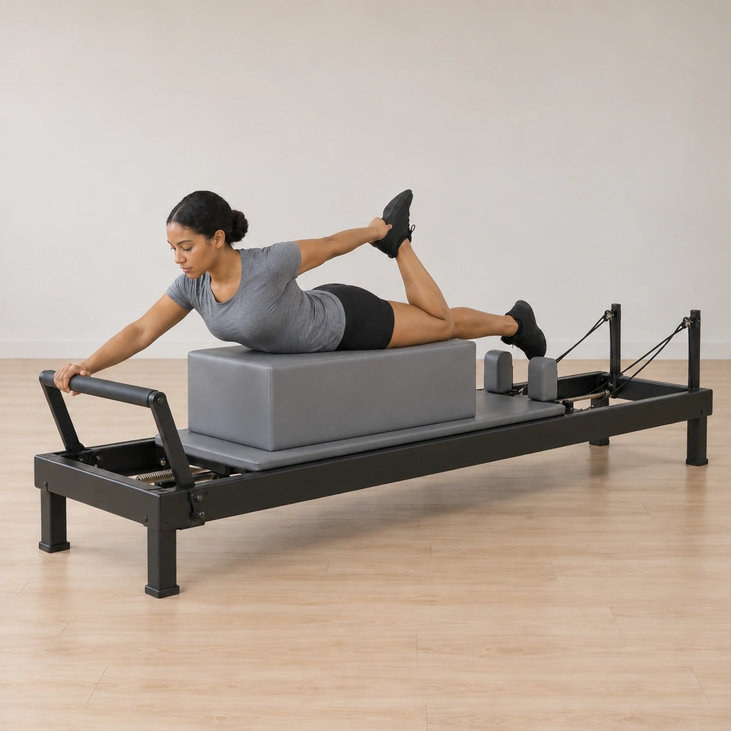 She has reached her left hand back off the bar to grasp her left ankle, knee bending, hips still pressed to the box.