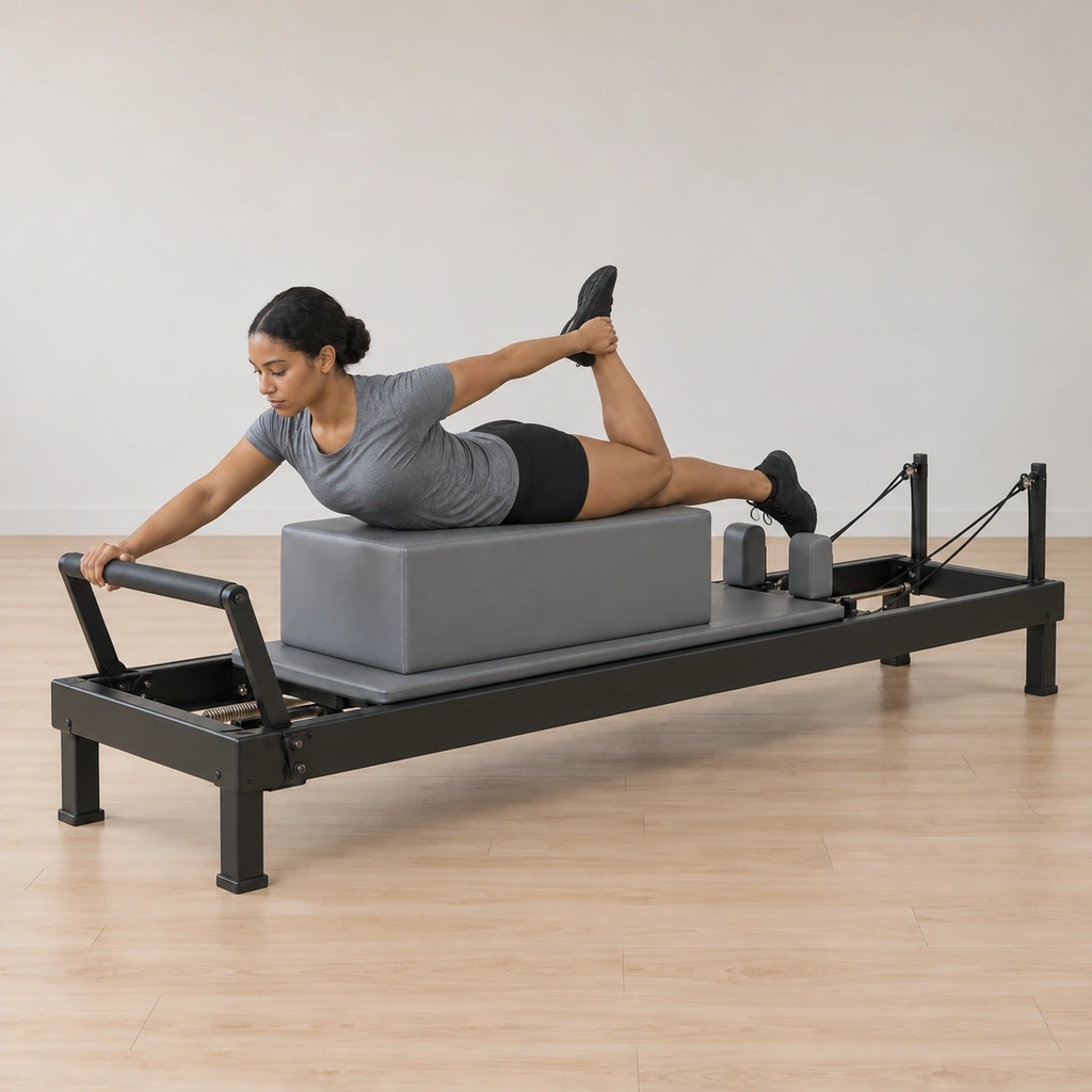 She holds the ankle stretch, heel eased toward her buttock, hips still down, spine long from crown to tailbone.