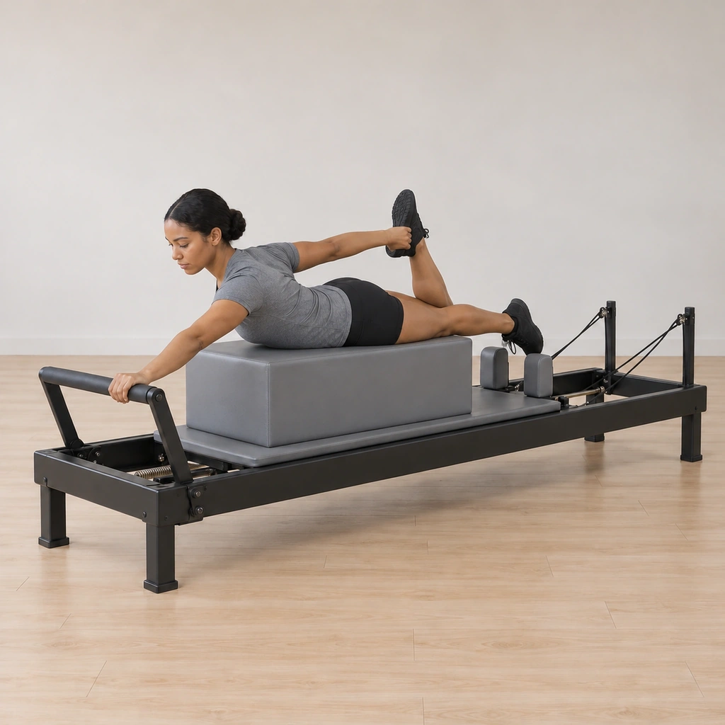 She has released the ankle back to the straight line and begins reaching her right hand toward her right ankle.