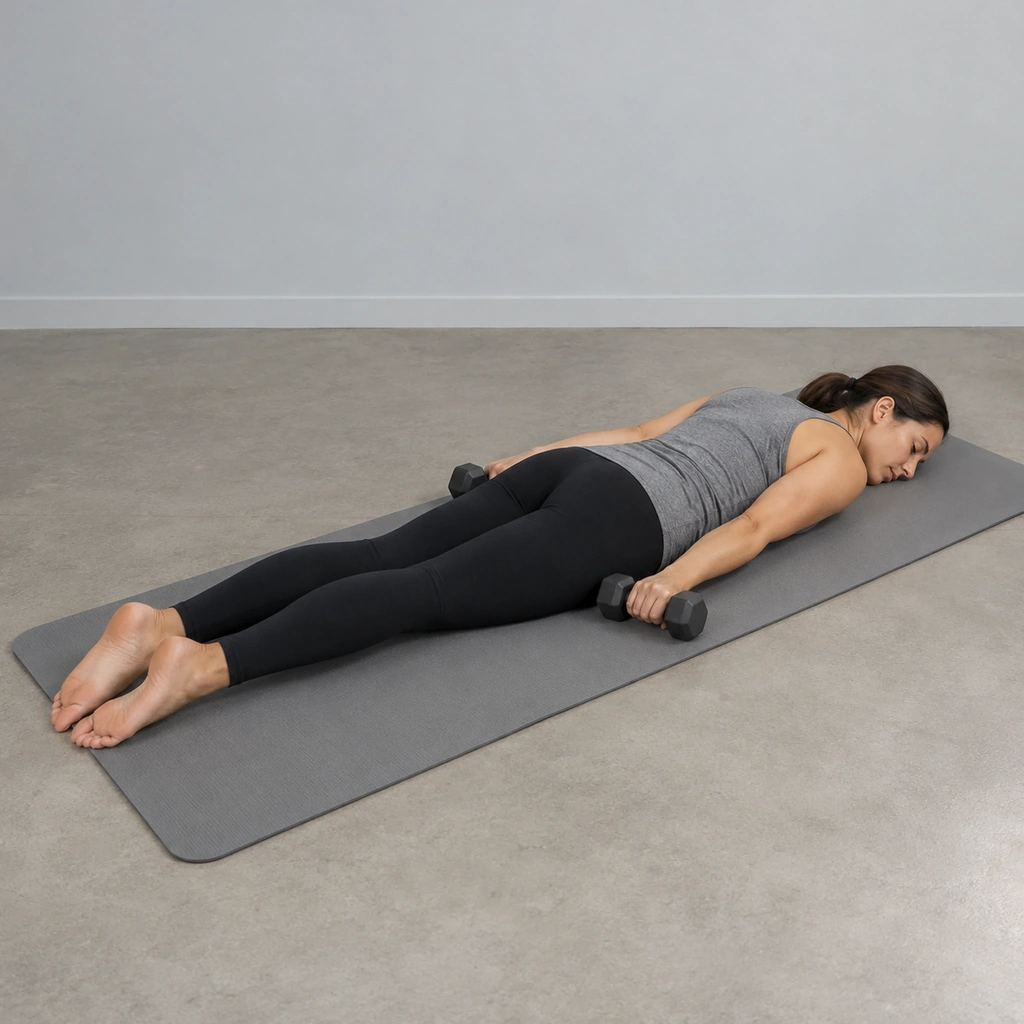 A woman lying face down on a mat, both arms resting at her sides, a dumbbell in each hand.