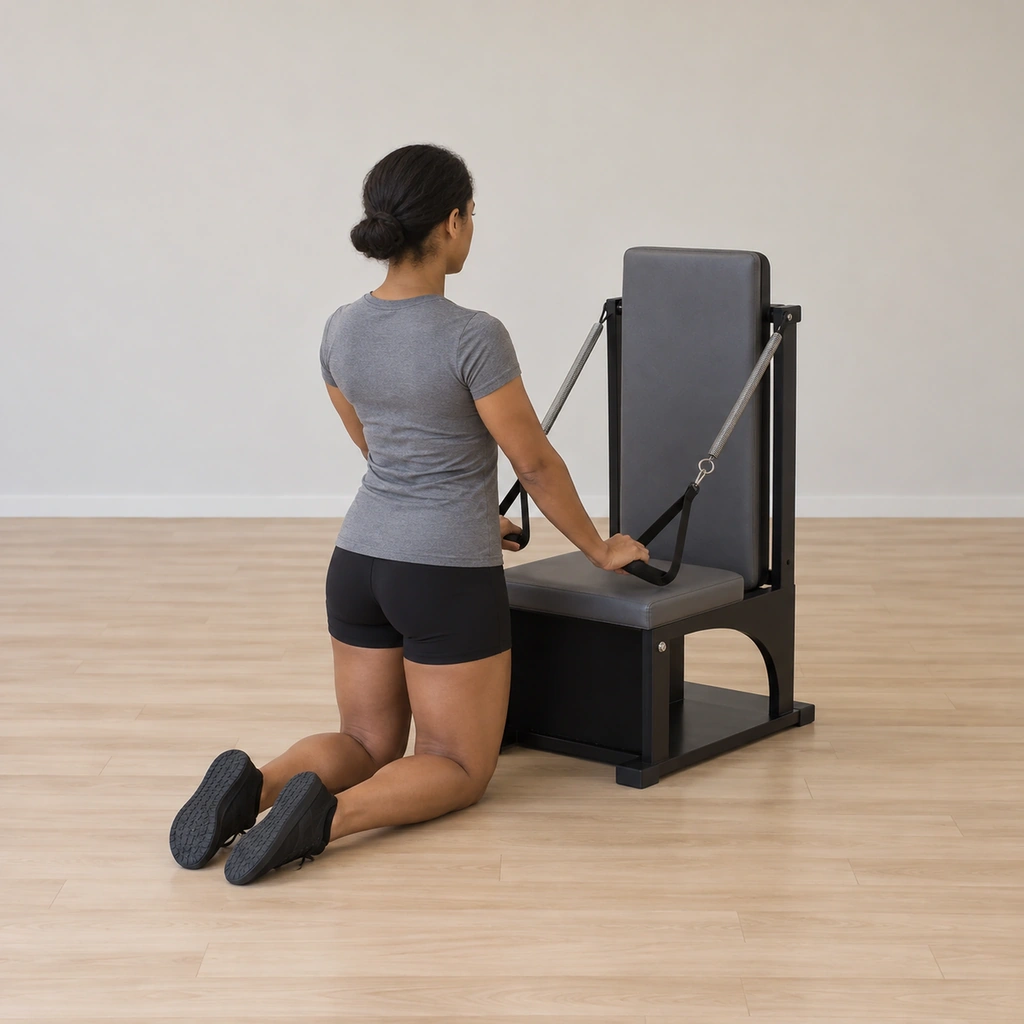 She kneels facing the arm chair with her knees hugging, one loop handle in each hand, her arms forward at her sides and her spine tall and upright.