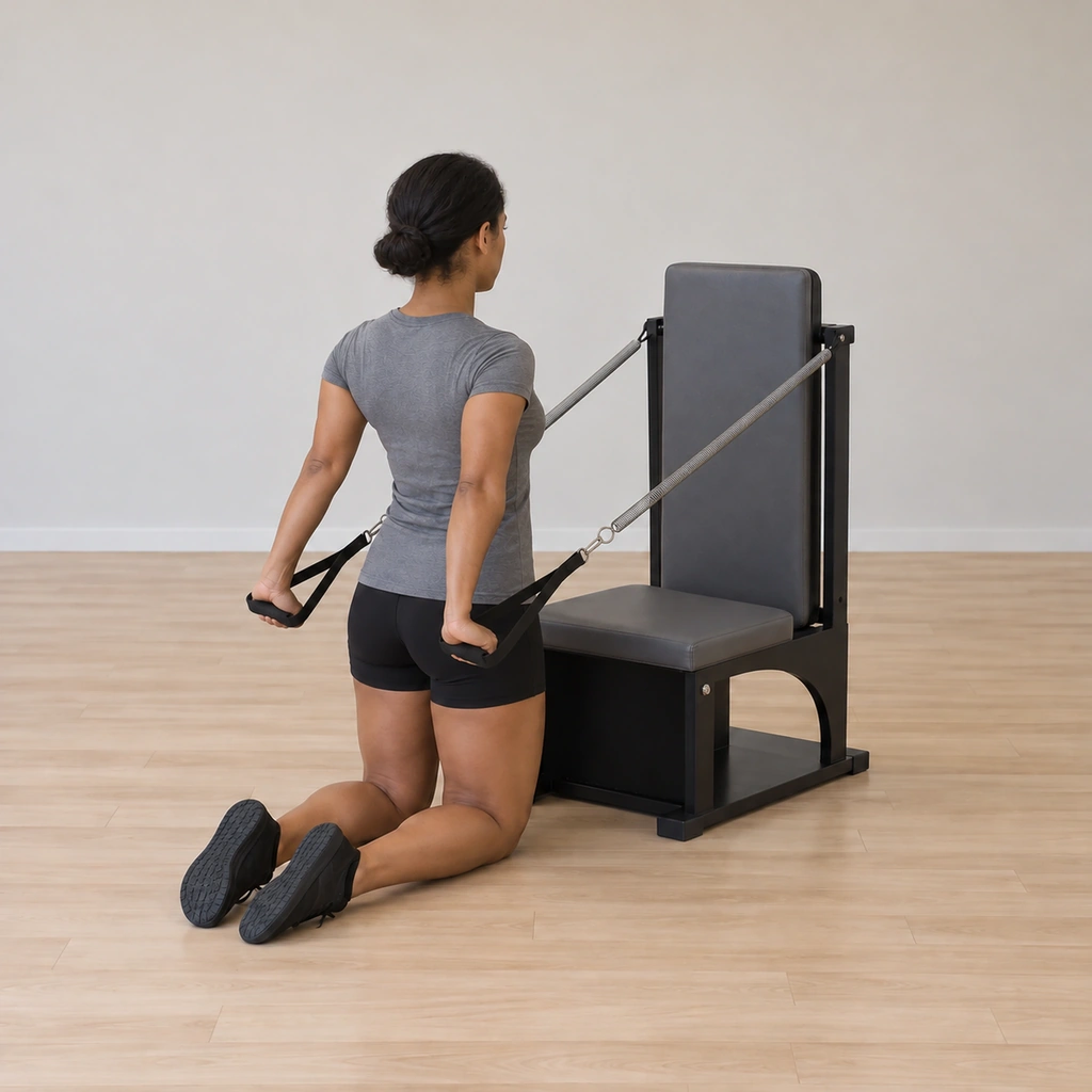 Her arms are pressed straight back behind her hips against the springs, her chest open and her shoulder blades held wide, the handles drawn past her hips.