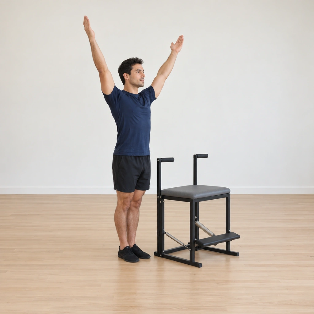 He stands beside the wunda chair with his heels together and toes apart, his arms reached tall overhead and his spine long, ready to roll down.
