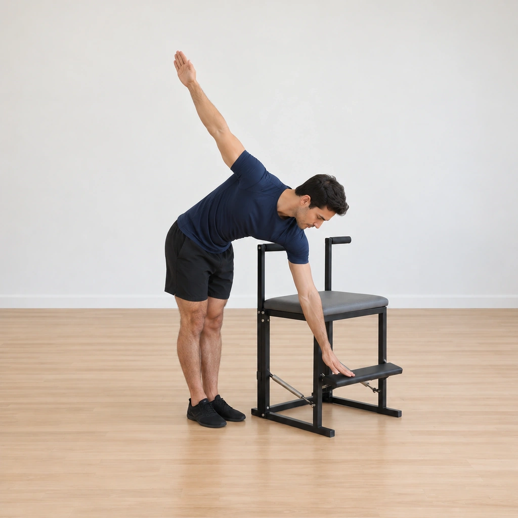 He is rolled down beside the chair, his inside straight arm reached to the spring pedal while his outside arm has circled up behind him, his weight standing evenly on both feet and his spine rounded.