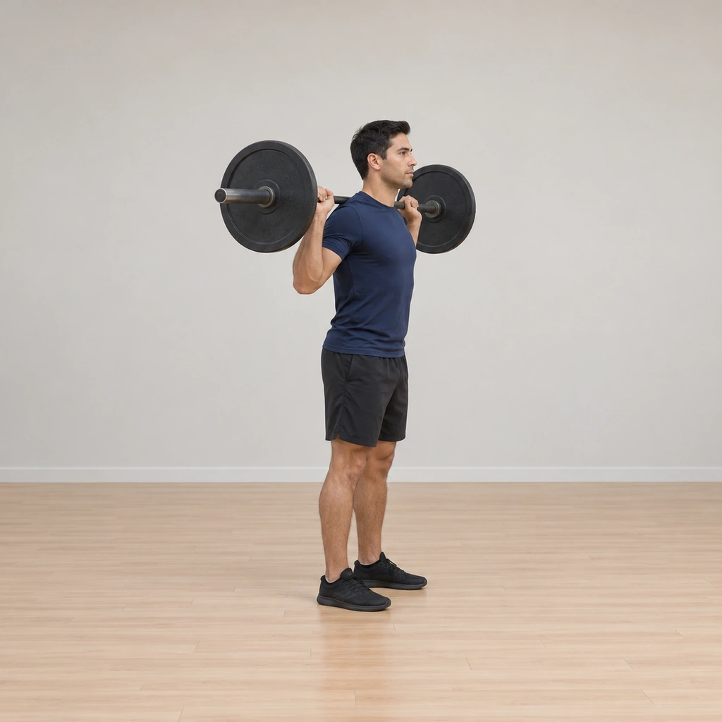 He stands tall with the barbell racked across the back of his shoulders, both hands gripping it wide, elbows under the bar; feet planted directly under his hips and his trunk vertical.