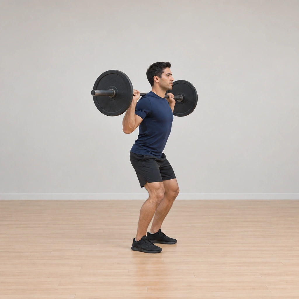 He dips slightly with the knees flexing under him: torso staying vertical, hips staying under the bar with no backward push, the racked bar riding down a few inches on the back of the shoulders; feet planted flat.