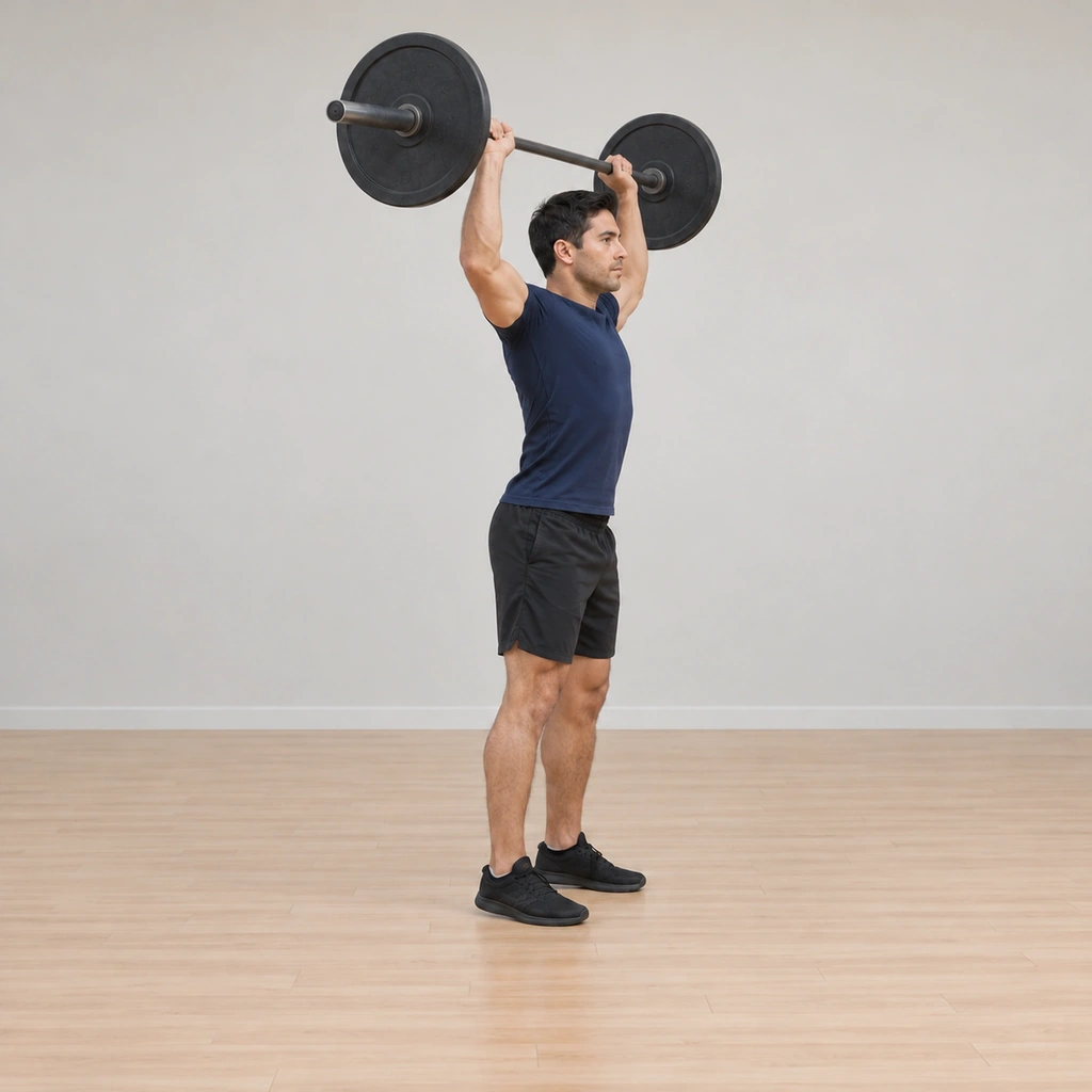He drives through his heels and extends the knees powerfully: the racked bar launching vertically off the back of the shoulders toward overhead, arms beginning to extend under the rising bar; feet still planted.