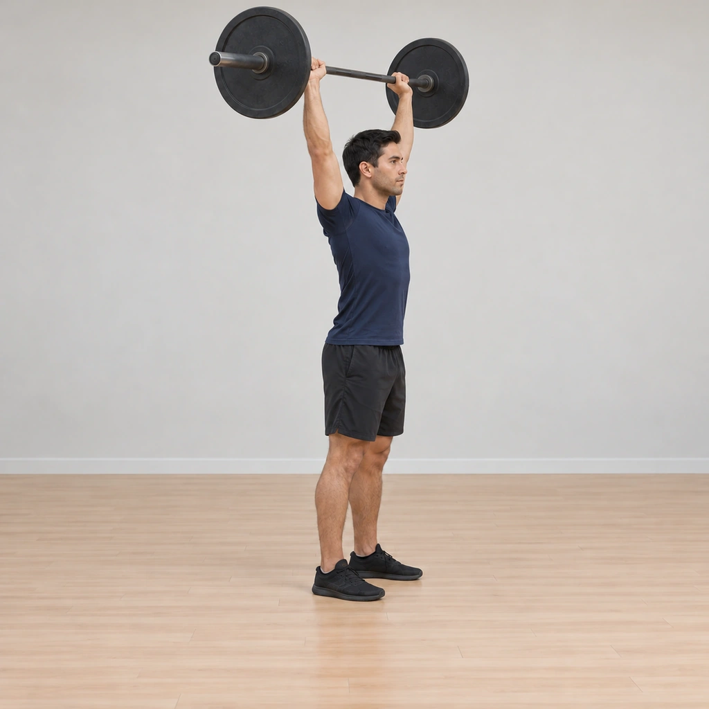 He stands tall with the barbell locked out directly overhead: arms fully extended, the bar over the back of the neck line, trunk vertical, feet planted flat under his hips.
