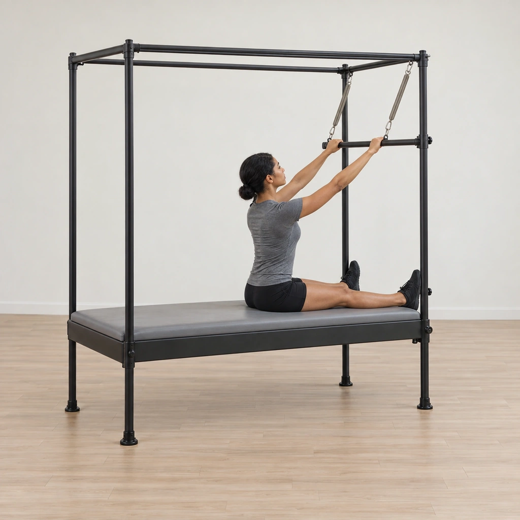She sits tall on the table facing the spring-hung push-thru bar, her legs straight with her feet pressing the vertical poles, her hands on the bar reaching it upward from her back.