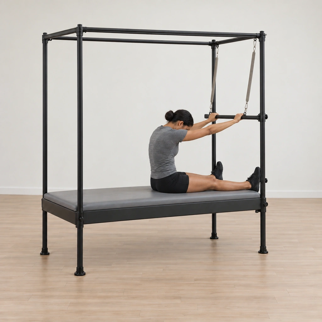 Her spine has rounded up and over her straight legs so her head and shoulders fold toward her knees, her arms pressing the sprung bar forward on its arc while her centre pulls back.
