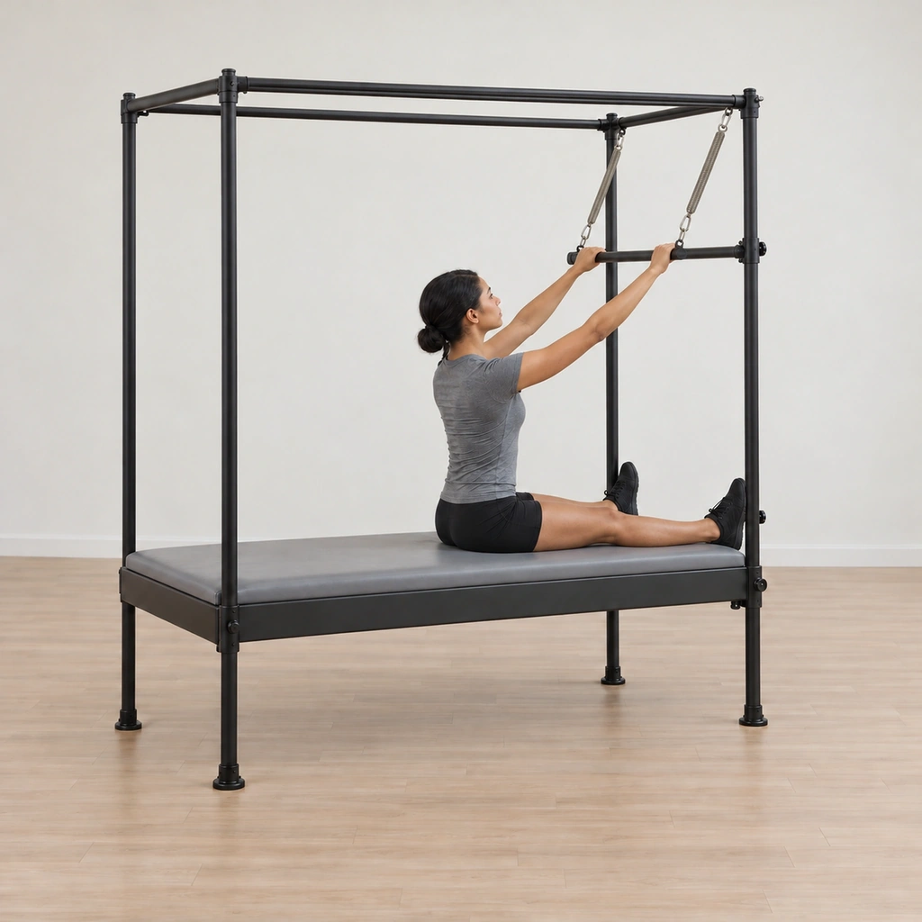 Her spine is unrolling back toward tall as her arms reach the bar upward from her back, her heels pressing harder into the vertical poles for the return.