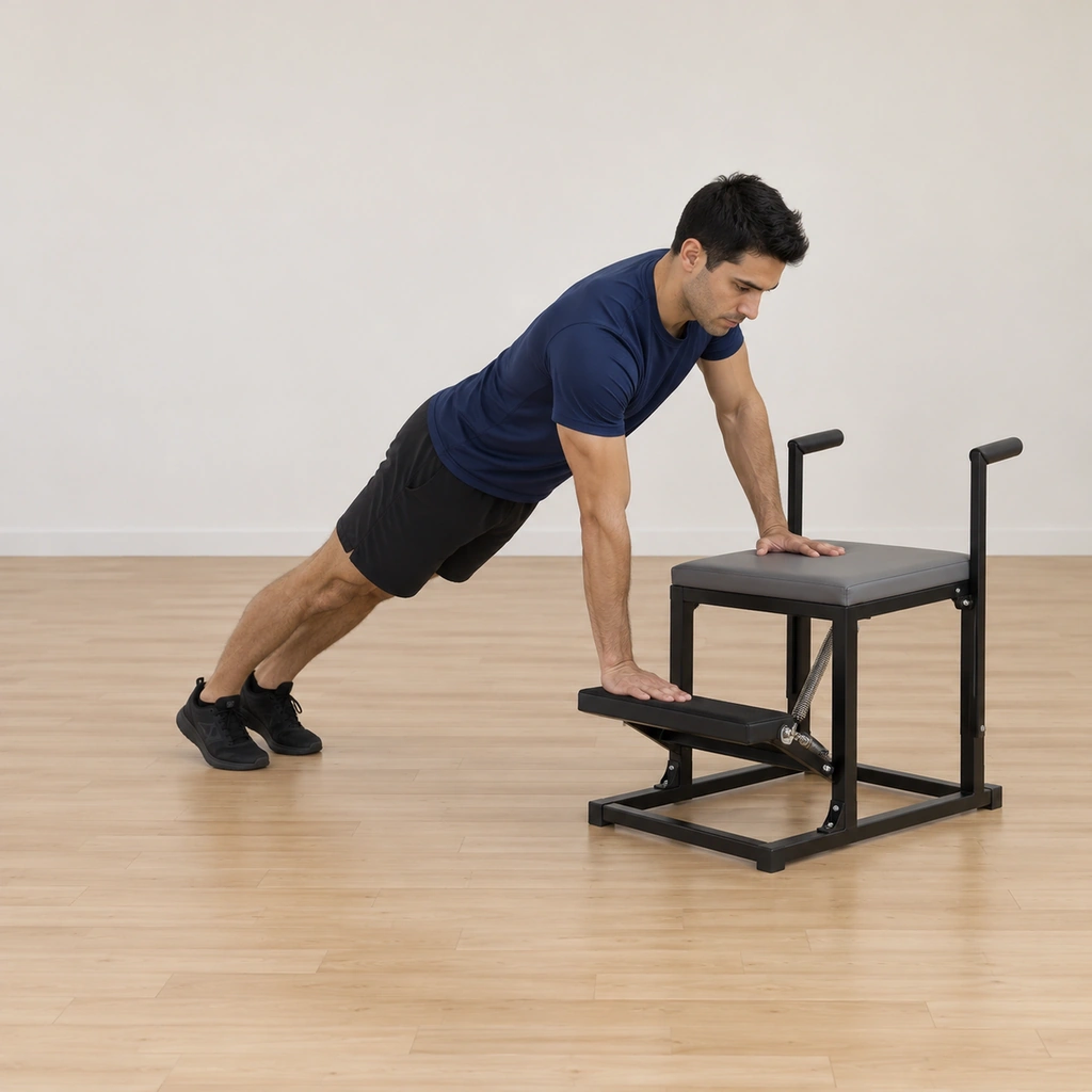 He holds a standing incline plank at the wunda chair, one hand spread wide on the chair top and the other fingers-together on the spring pedal, his feet walked back with heels together and his body one long line.