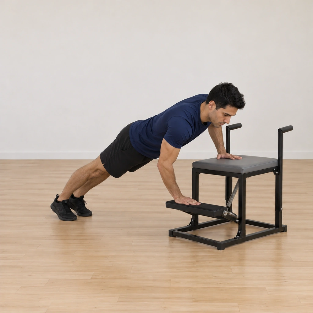 His body is leaning forward in the plank as his pedal-side elbow bends, the pedal lowering under his hand, his shoulders working toward square and his heels still together.