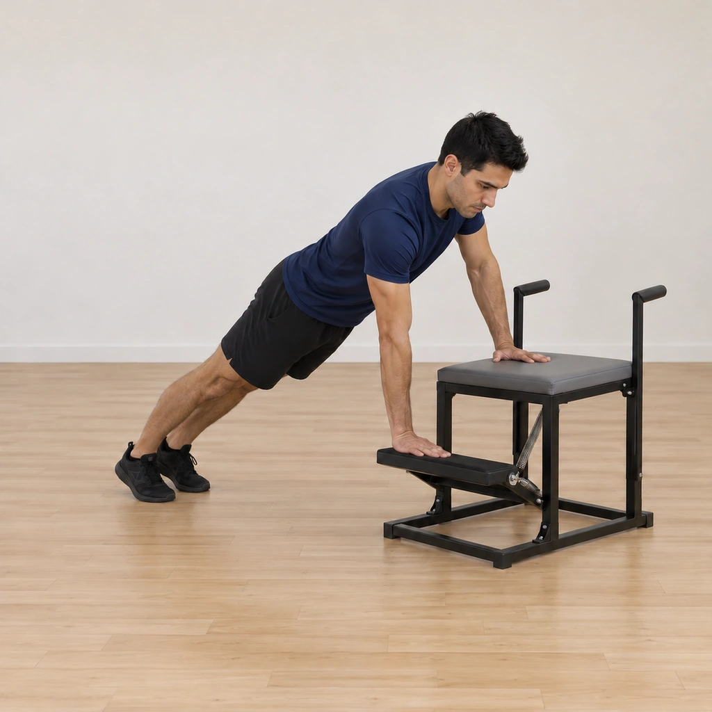 His pedal-side arm is pressing back to straight, the pedal rising under his hand, his body returning up the incline plank with the shoulders squared and the heels still together.