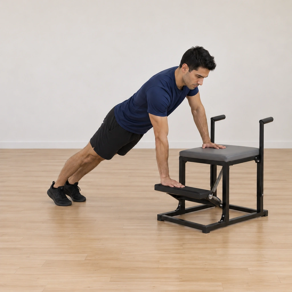 He holds the tall standing plank again, both arms straight with the pedal at the top, his shoulders squared and his body one long line, ready for the next repetition or the side switch.