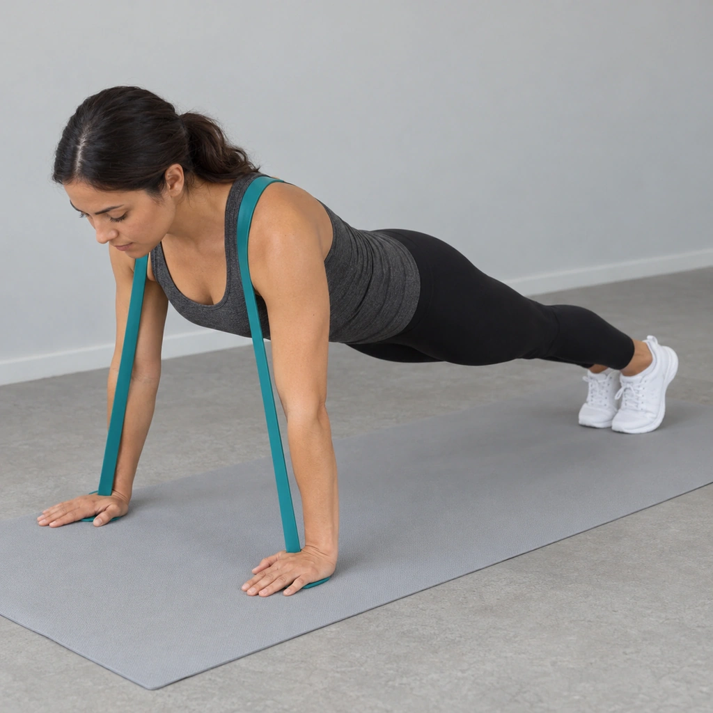 A woman in a push-up plank, arms straight, a resistance band across her shoulders and under both palms.
