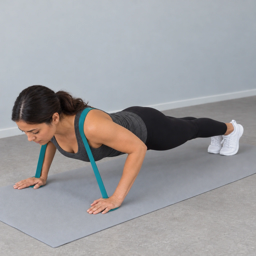 The same woman, elbows bent, chest lowered toward the mat, the band still across her shoulders and under her palms.