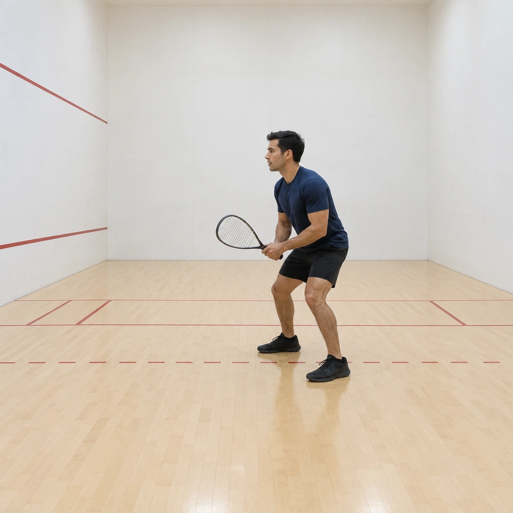 man in the ready position at centre court facing the front wall