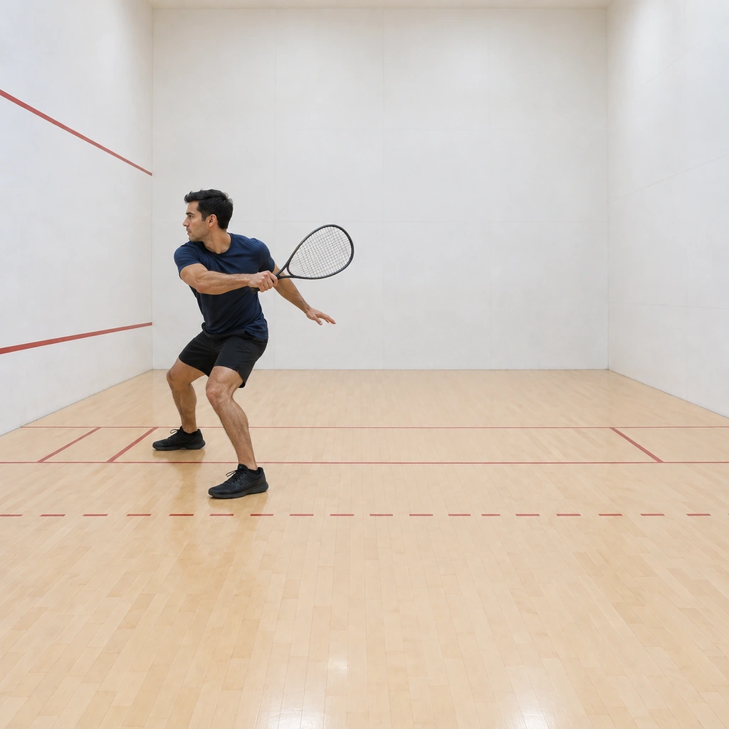 man at the back left corner playing a skeleton backhand swing facing the front wall