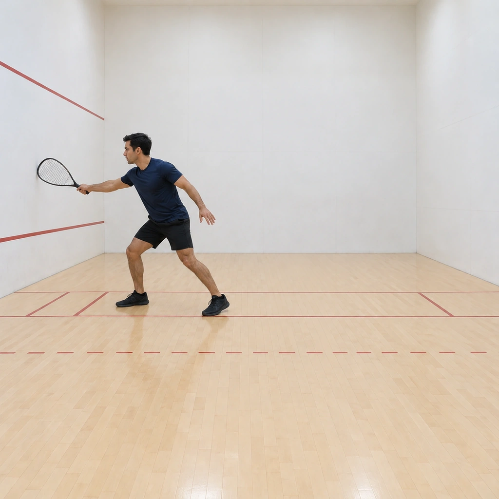 man at the front left corner playing a skeleton swing facing the front wall