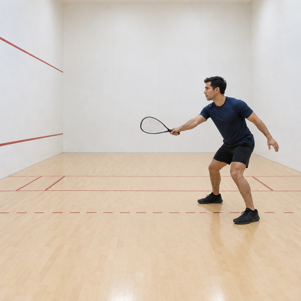 man at the right side wall playing a skeleton swing facing the front wall