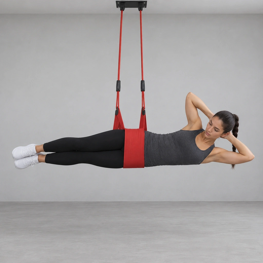 A woman side-lying in the air, held only by a wide sling around her waist, hands clasped behind her neck.