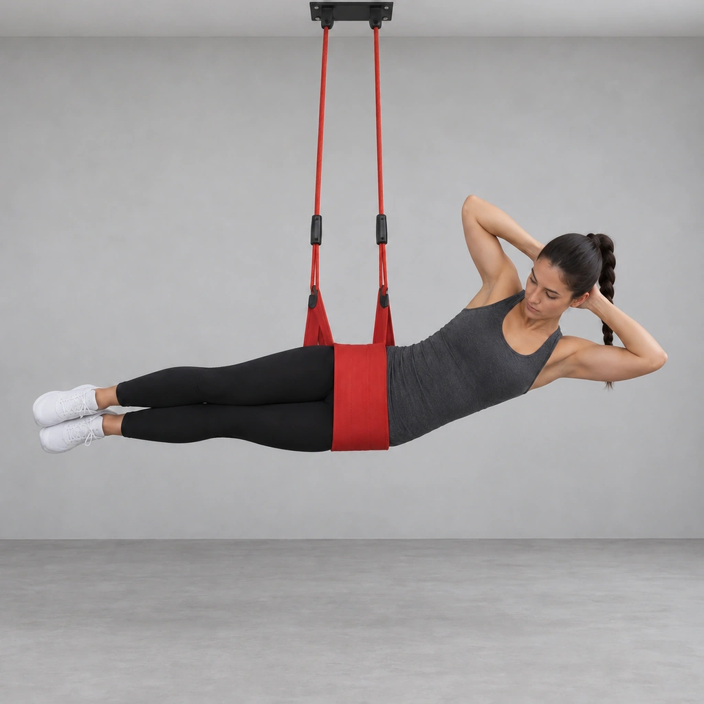 The same woman, still suspended by the waist sling, now with her upper body bent sideways up toward the ropes.