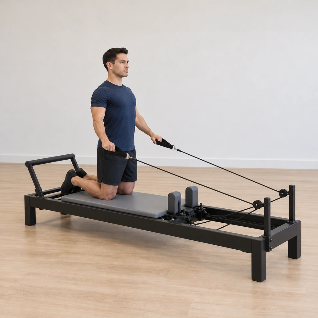The man pulls both straps down and back toward his hips on the inhale, his arms still extended, the pull driven by his scapulae drawing down while his collar bones open and his chest expands, the trunk staying tall.