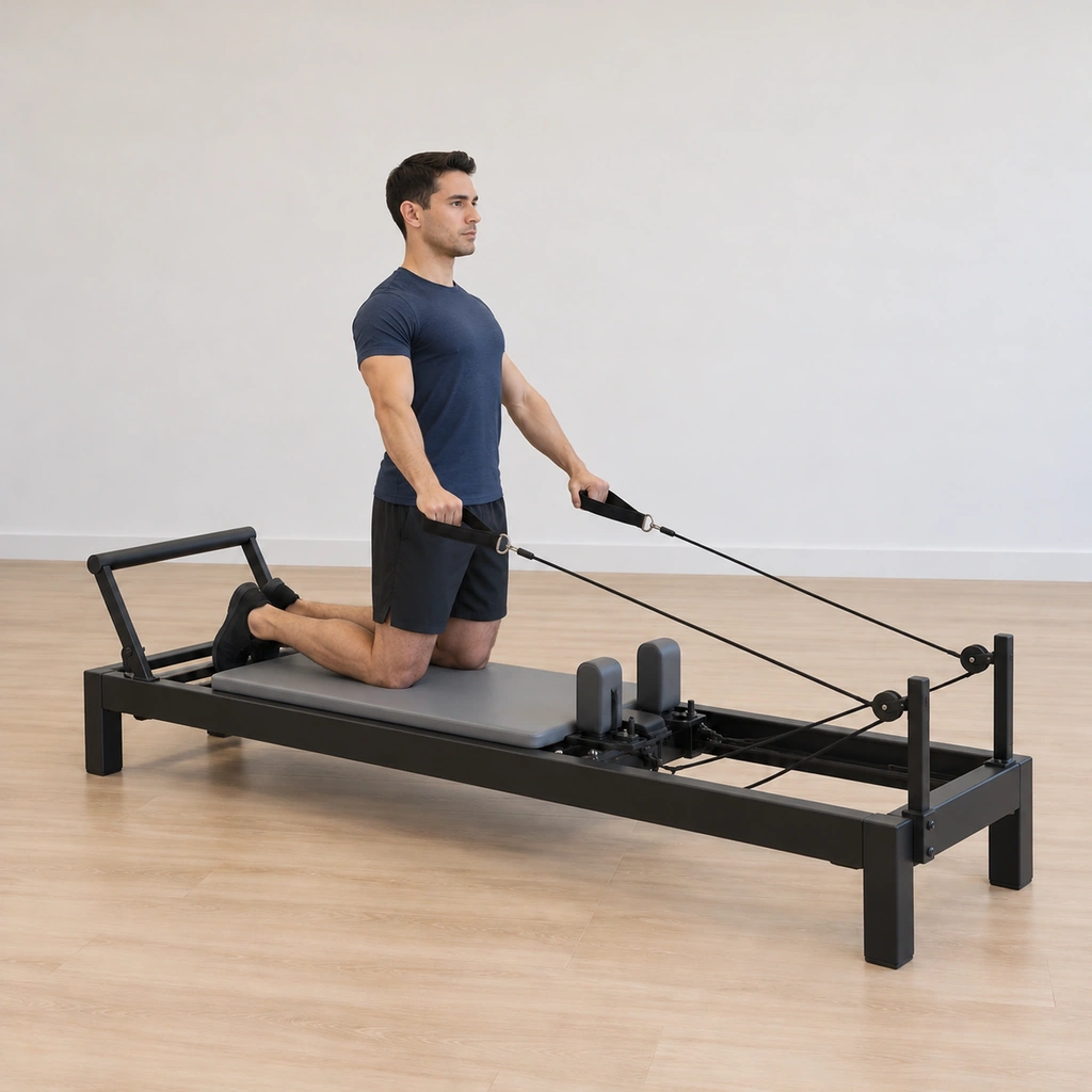 The man holds the expanded finish: both straps drawn low beside his hips, arms extended down-back, his chest broad and collar bones open, his kneeling trunk tall with the abdominals engaged.